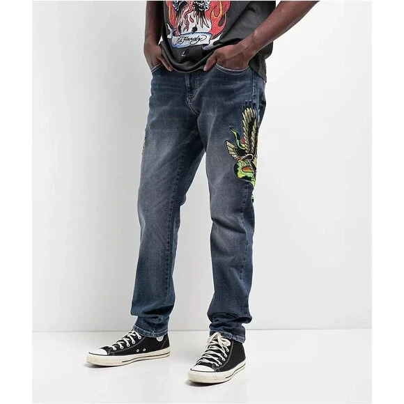 NWT Ed Hardy Eagle Snake Slim Straight Y2K Med Blue Denim Jeans (Men's 36)